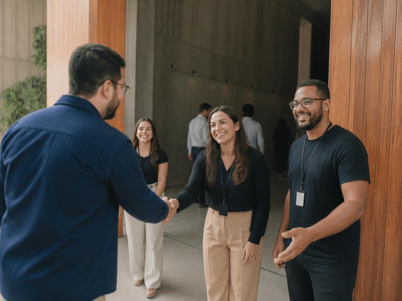 Equipe de acolhimento recebendo um visitante